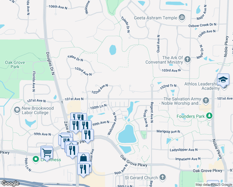 map of restaurants, bars, coffee shops, grocery stores, and more near 5511 102nd Avenue North in Minneapolis