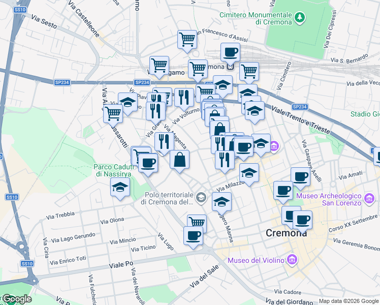 map of restaurants, bars, coffee shops, grocery stores, and more near 22 Via dei Mille in Cremona