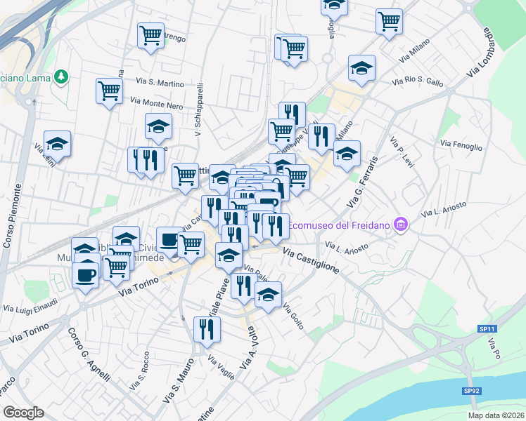 map of restaurants, bars, coffee shops, grocery stores, and more near 62 Via Italia in Settimo Torinese