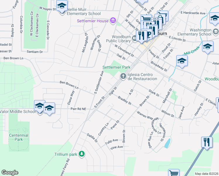 map of restaurants, bars, coffee shops, grocery stores, and more near 653 S Front St in Woodburn