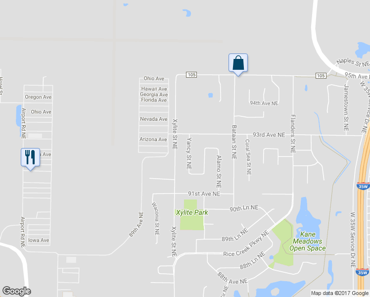 map of restaurants, bars, coffee shops, grocery stores, and more near 9196 Yancy Street Northeast in Blaine