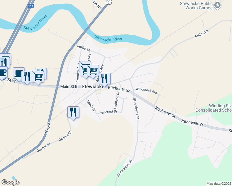 map of restaurants, bars, coffee shops, grocery stores, and more near 9 Highland Drive in Stewiacke