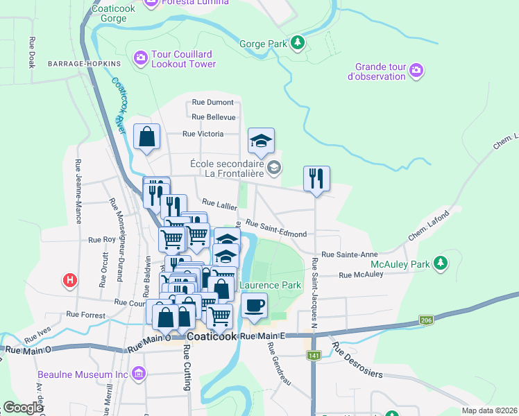 map of restaurants, bars, coffee shops, grocery stores, and more near 415 Rue Saint-Joachim in Coaticook