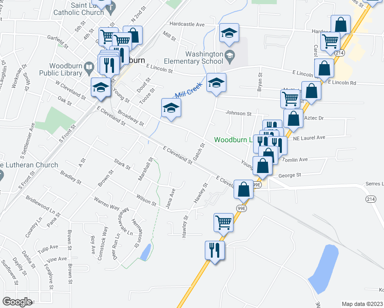 map of restaurants, bars, coffee shops, grocery stores, and more near 109 Gatch Street in Woodburn