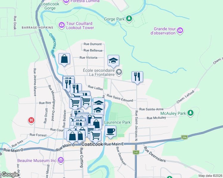 map of restaurants, bars, coffee shops, grocery stores, and more near 415 Rue Saint-Joachim in Coaticook