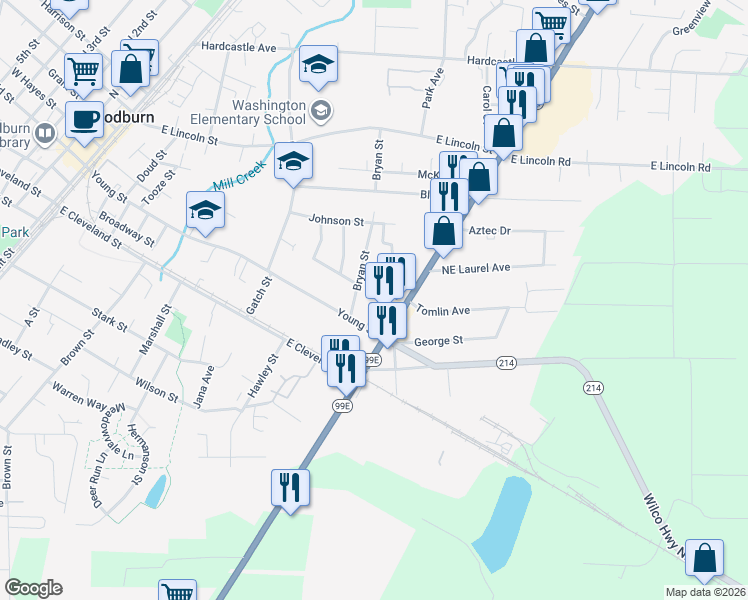 map of restaurants, bars, coffee shops, grocery stores, and more near 321 North Pacific Highway in Woodburn