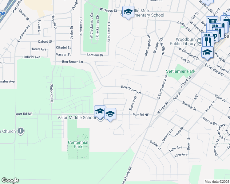 map of restaurants, bars, coffee shops, grocery stores, and more near 528 Rye Street in Woodburn