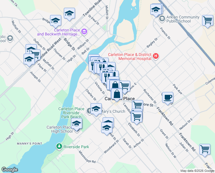map of restaurants, bars, coffee shops, grocery stores, and more near 0 Albert Street in Carleton Place
