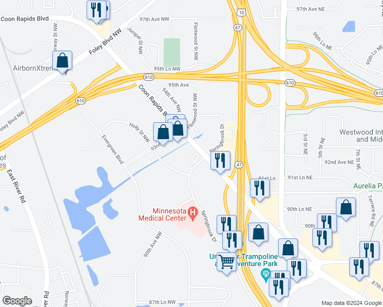 map of restaurants, bars, coffee shops, grocery stores, and more near 9250 Springbrook Drive Northwest in Coon Rapids