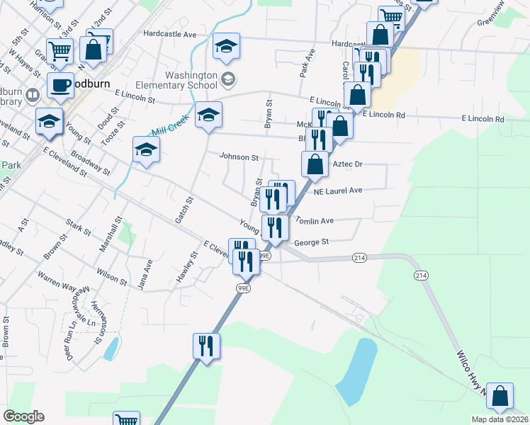 map of restaurants, bars, coffee shops, grocery stores, and more near 321 North Pacific Highway in Woodburn