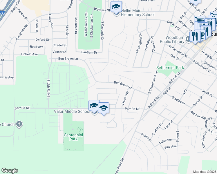map of restaurants, bars, coffee shops, grocery stores, and more near 528 Rye Street in Woodburn