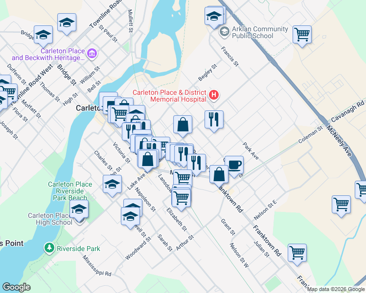 map of restaurants, bars, coffee shops, grocery stores, and more near in Carleton Place