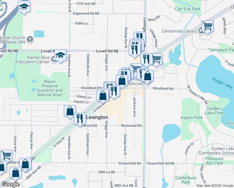 map of restaurants, bars, coffee shops, grocery stores, and more near 9141 South Highway Drive in Circle Pines
