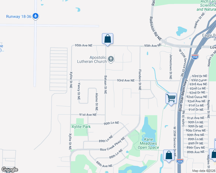 map of restaurants, bars, coffee shops, grocery stores, and more near 9205 Bataan Street Northeast in Blaine
