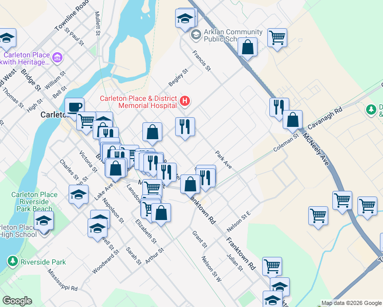 map of restaurants, bars, coffee shops, grocery stores, and more near in Carleton Place