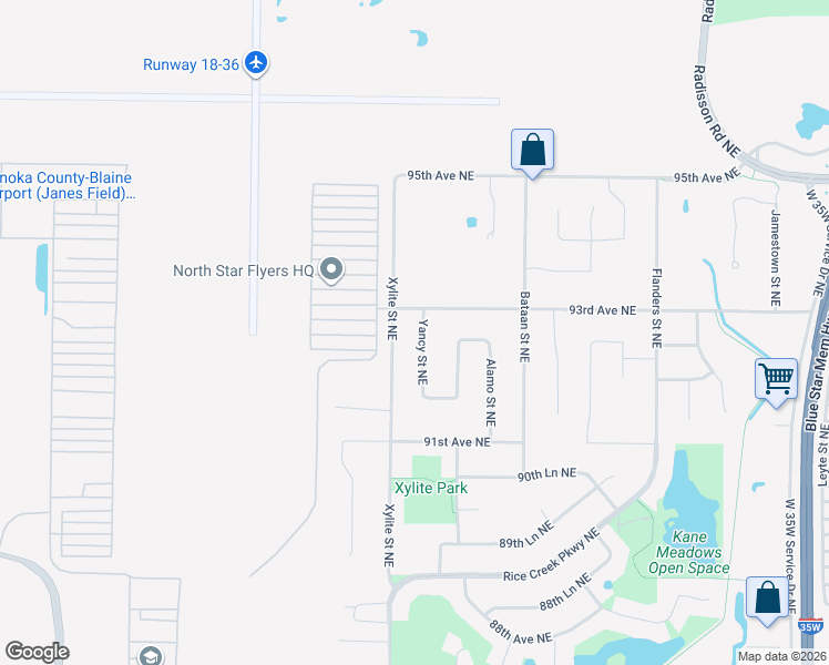 map of restaurants, bars, coffee shops, grocery stores, and more near 9196 Yancy Street Northeast in Blaine