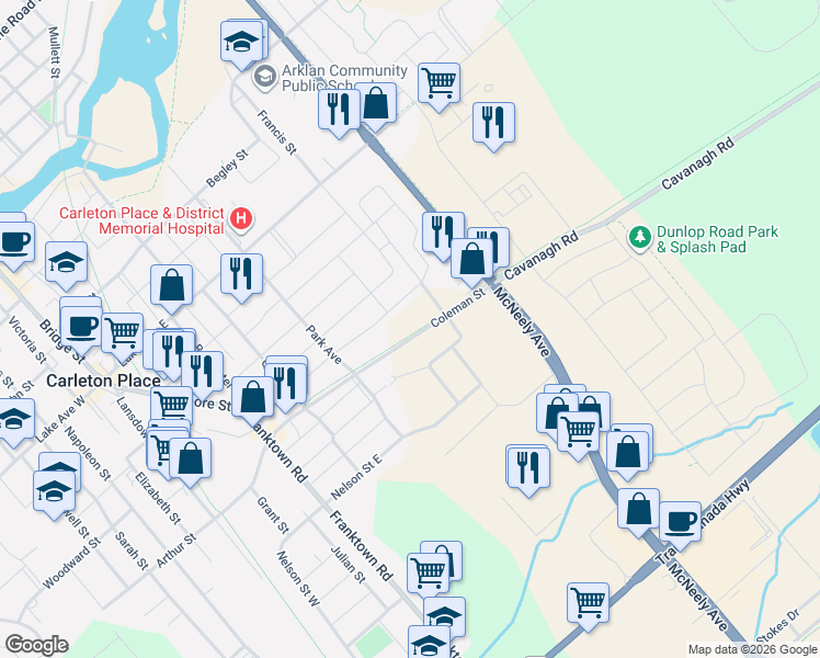 map of restaurants, bars, coffee shops, grocery stores, and more near 258 Coleman Street in Carleton Place