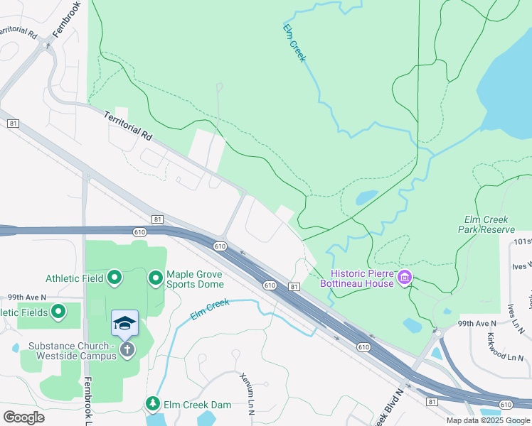 map of restaurants, bars, coffee shops, grocery stores, and more near 13449 Territorial Road in Maple Grove
