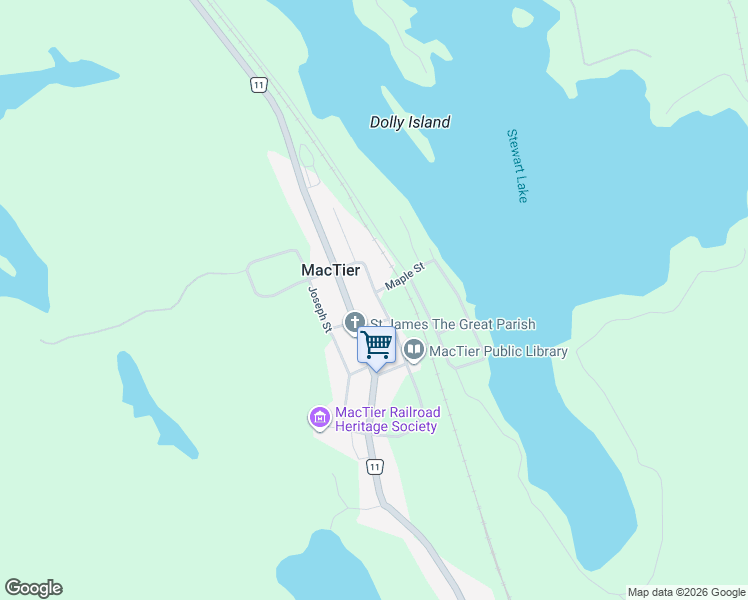 map of restaurants, bars, coffee shops, grocery stores, and more near 516 George Street in MacTier