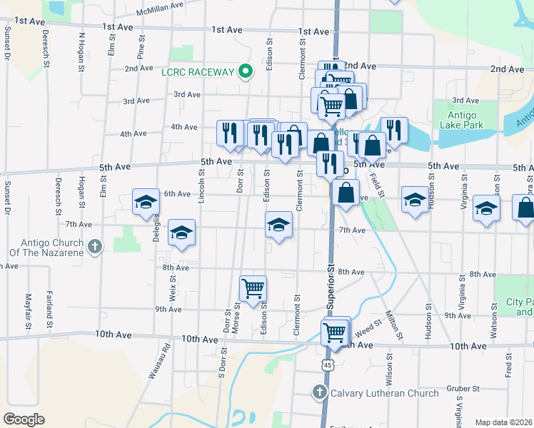 map of restaurants, bars, coffee shops, grocery stores, and more near 820 7th Avenue in Antigo