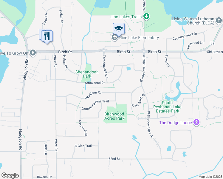 map of restaurants, bars, coffee shops, grocery stores, and more near 562 Hawthorn Road in Lino Lakes