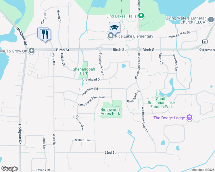 map of restaurants, bars, coffee shops, grocery stores, and more near 562 Hawthorn Road in Lino Lakes
