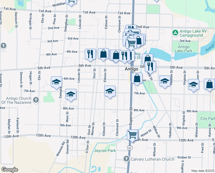 map of restaurants, bars, coffee shops, grocery stores, and more near 820 7th Avenue in Antigo