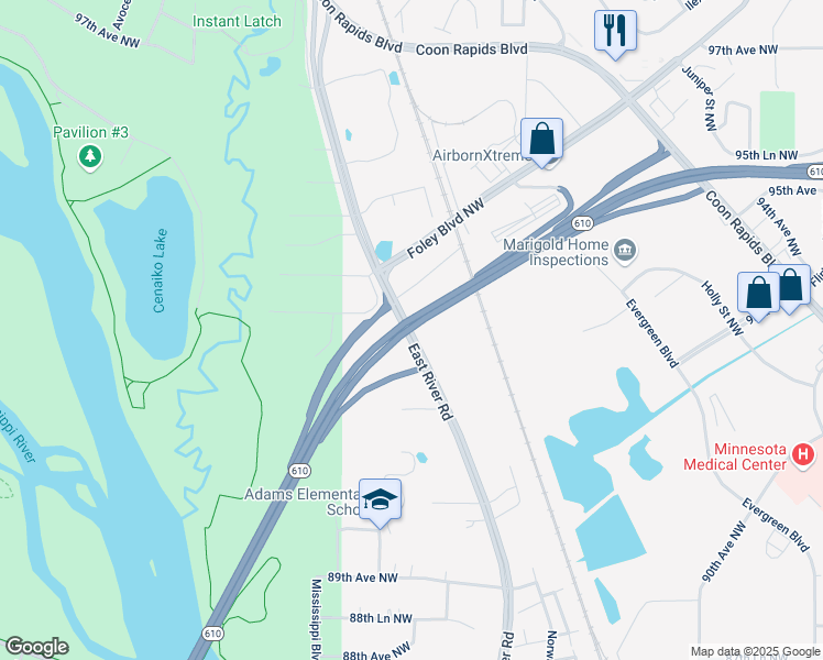 map of restaurants, bars, coffee shops, grocery stores, and more near 9243 East River Road Northwest in Coon Rapids