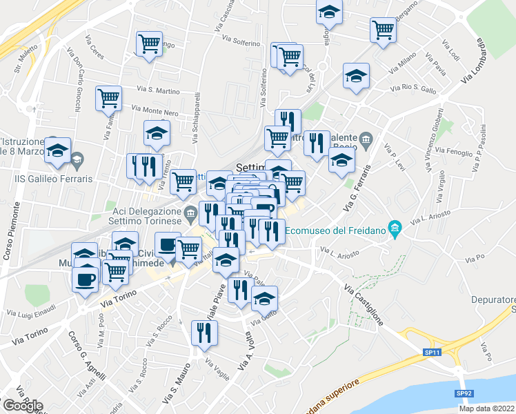 map of restaurants, bars, coffee shops, grocery stores, and more near 62 Via Italia in Settimo Torinese