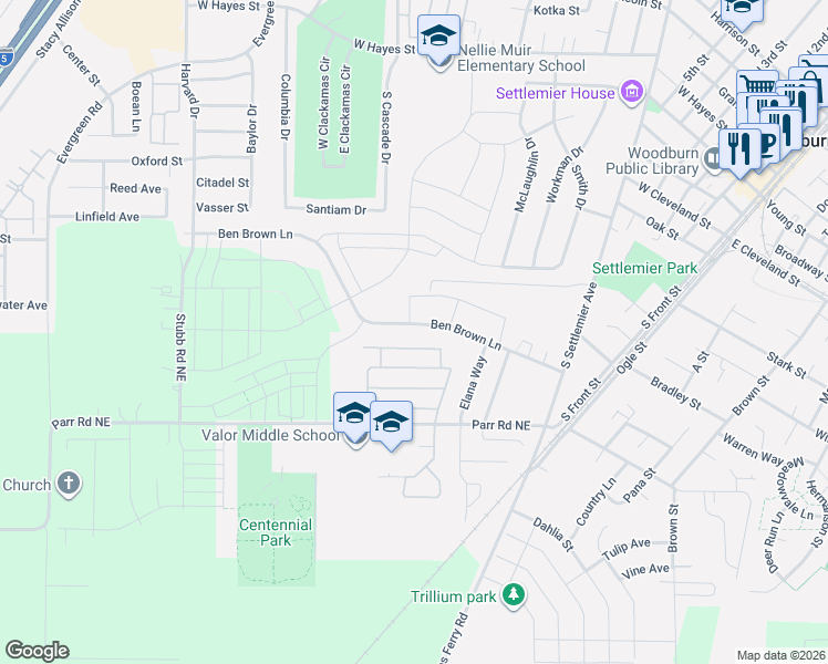 map of restaurants, bars, coffee shops, grocery stores, and more near 888 Ben Brown Lane in Woodburn
