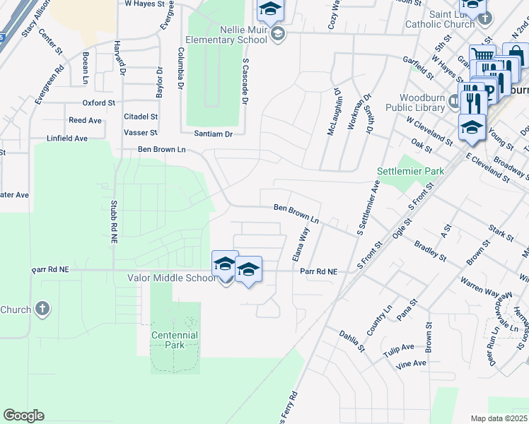 map of restaurants, bars, coffee shops, grocery stores, and more near 498 Rye Street in Woodburn