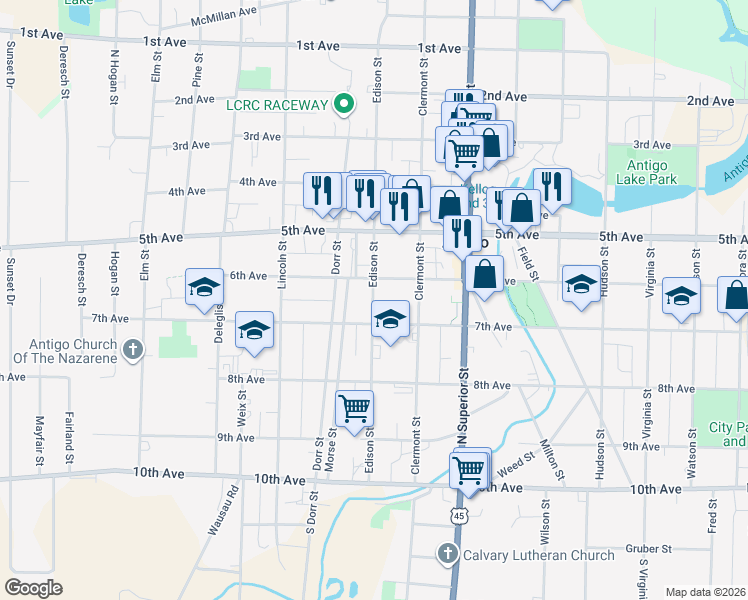 map of restaurants, bars, coffee shops, grocery stores, and more near 820 7th Avenue in Antigo