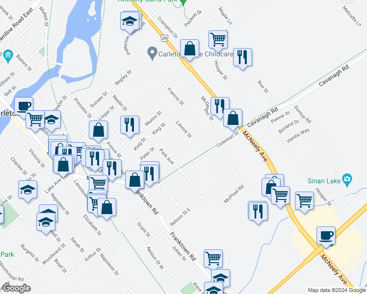map of restaurants, bars, coffee shops, grocery stores, and more near 231 Miguel Street in Carleton Place