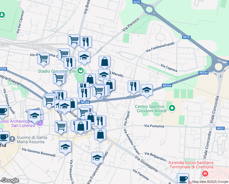 map of restaurants, bars, coffee shops, grocery stores, and more near 1 Via Ruffini in Cremona