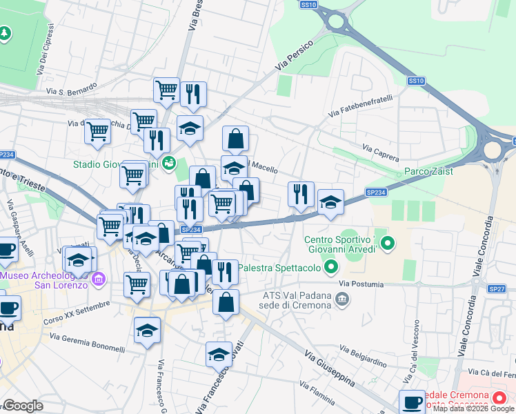 map of restaurants, bars, coffee shops, grocery stores, and more near 1 Via Ruffini in Cremona