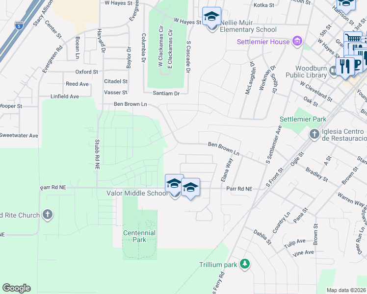 map of restaurants, bars, coffee shops, grocery stores, and more near 1818 Ben Brown Lane in Woodburn