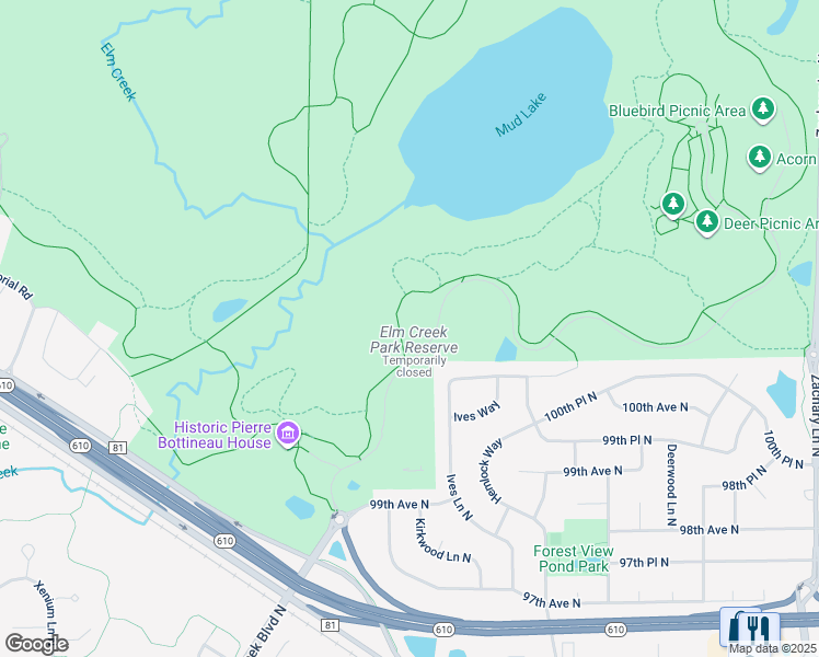 map of restaurants, bars, coffee shops, grocery stores, and more near 12400 James Deane Parkway in Maple Grove