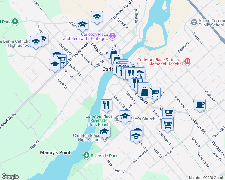 map of restaurants, bars, coffee shops, grocery stores, and more near 135 Charles Street in Carleton Place