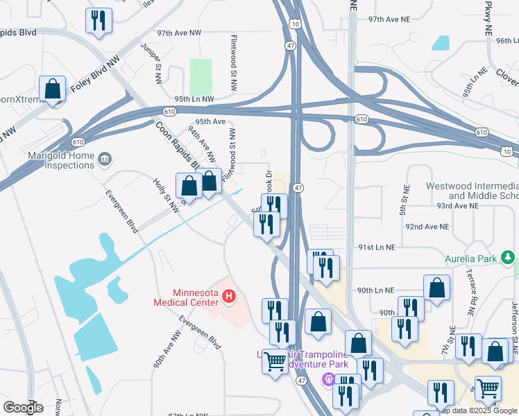 map of restaurants, bars, coffee shops, grocery stores, and more near 9250 Springbrook Drive Northwest in Coon Rapids