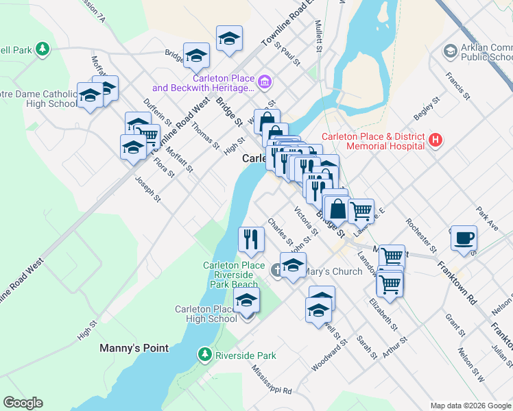 map of restaurants, bars, coffee shops, grocery stores, and more near 139 Charles Street in Carleton Place