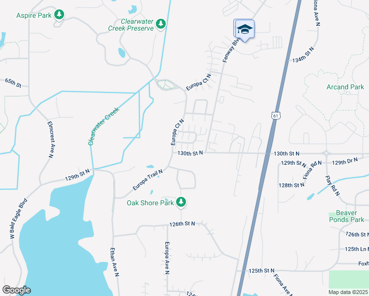 map of restaurants, bars, coffee shops, grocery stores, and more near 13043 Europa Trail Way North in Hugo