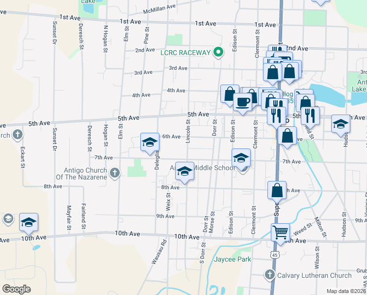 map of restaurants, bars, coffee shops, grocery stores, and more near 413 Lincoln Street in Antigo