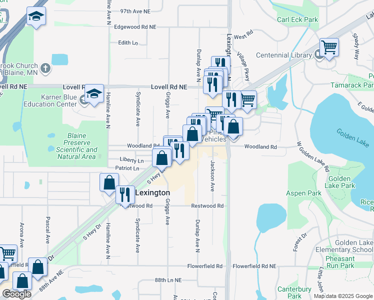 map of restaurants, bars, coffee shops, grocery stores, and more near 9175 Lake Drive in Circle Pines