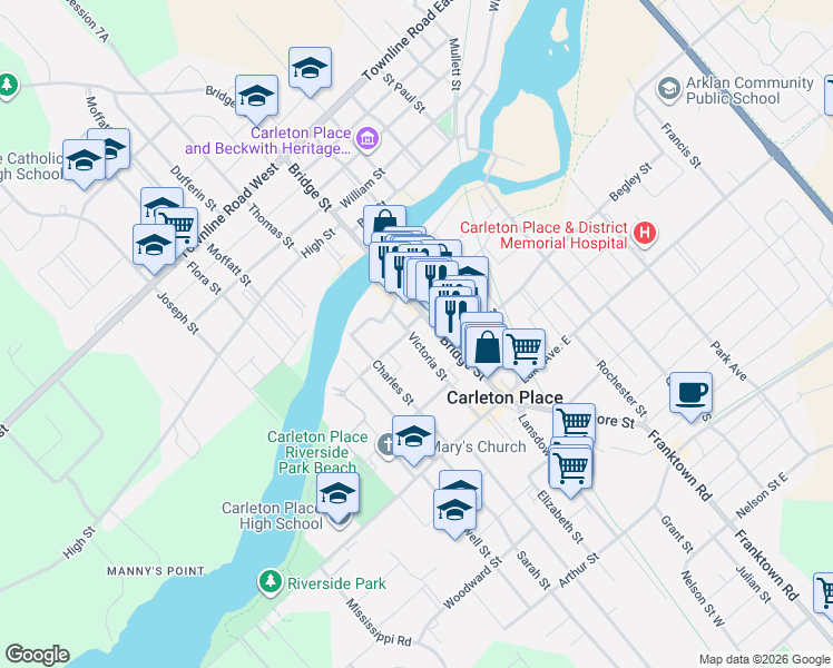 map of restaurants, bars, coffee shops, grocery stores, and more near 107 Victoria Street in Carleton Place