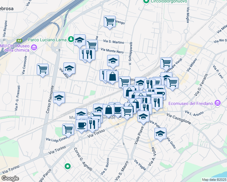 map of restaurants, bars, coffee shops, grocery stores, and more near 7 Via Leinì in Settimo Torinese