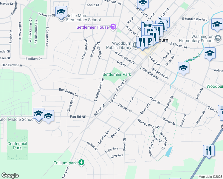 map of restaurants, bars, coffee shops, grocery stores, and more near 653 South Front Street in Woodburn