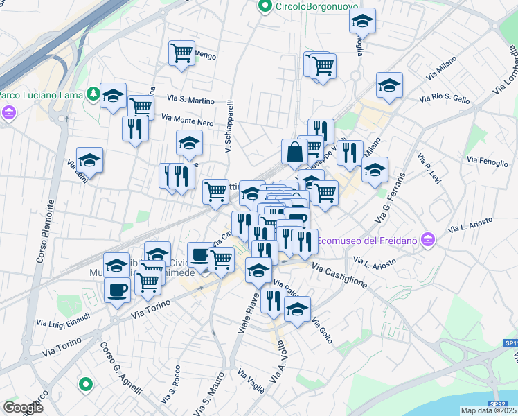map of restaurants, bars, coffee shops, grocery stores, and more near 20 Via Roma in Settimo Torinese