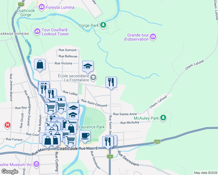map of restaurants, bars, coffee shops, grocery stores, and more near 405 Rue Saint-Paul Est in Coaticook