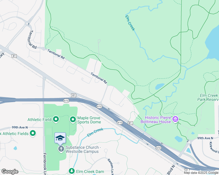 map of restaurants, bars, coffee shops, grocery stores, and more near 13615 Territorial Road in Maple Grove