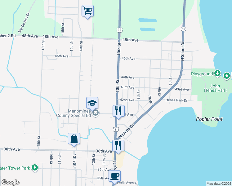 map of restaurants, bars, coffee shops, grocery stores, and more near 4300 10th Street in Menominee